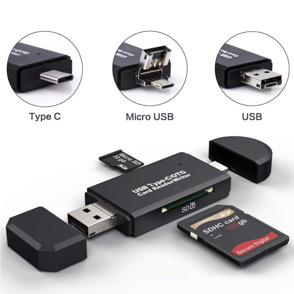 SD Card Reader, 3 in 1 USB-C USB-A Micro USB Camera Memory Card New
